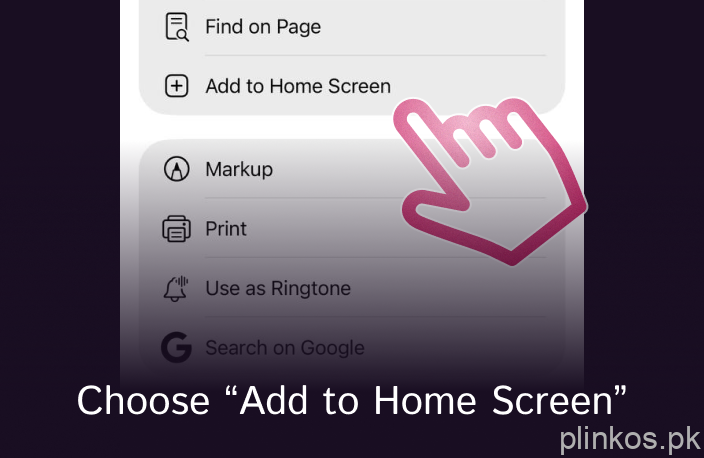 Click "Add to Home Screen" at the Safari's menu - Plinko PK App for iOS
